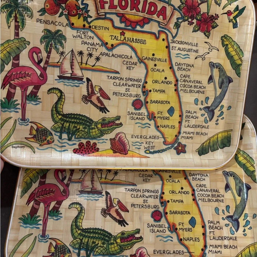 Retro Vintage Florida Souvenir Decorative Bamboo Trays set of 2 (#2)